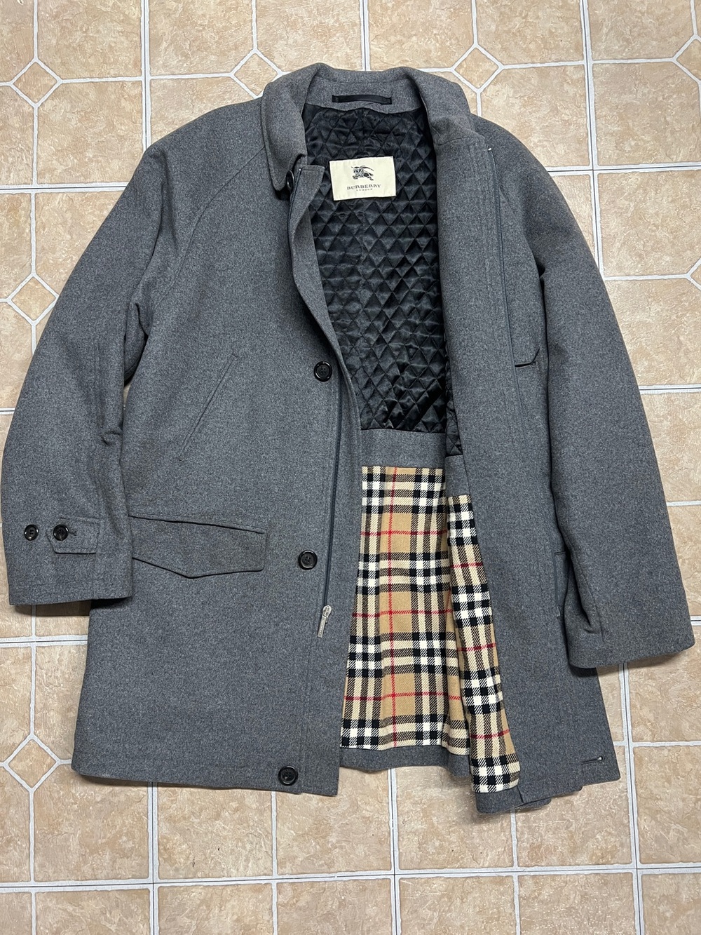 Burberry Grey Wool-Blend Pea Coat with Signature Check Lining